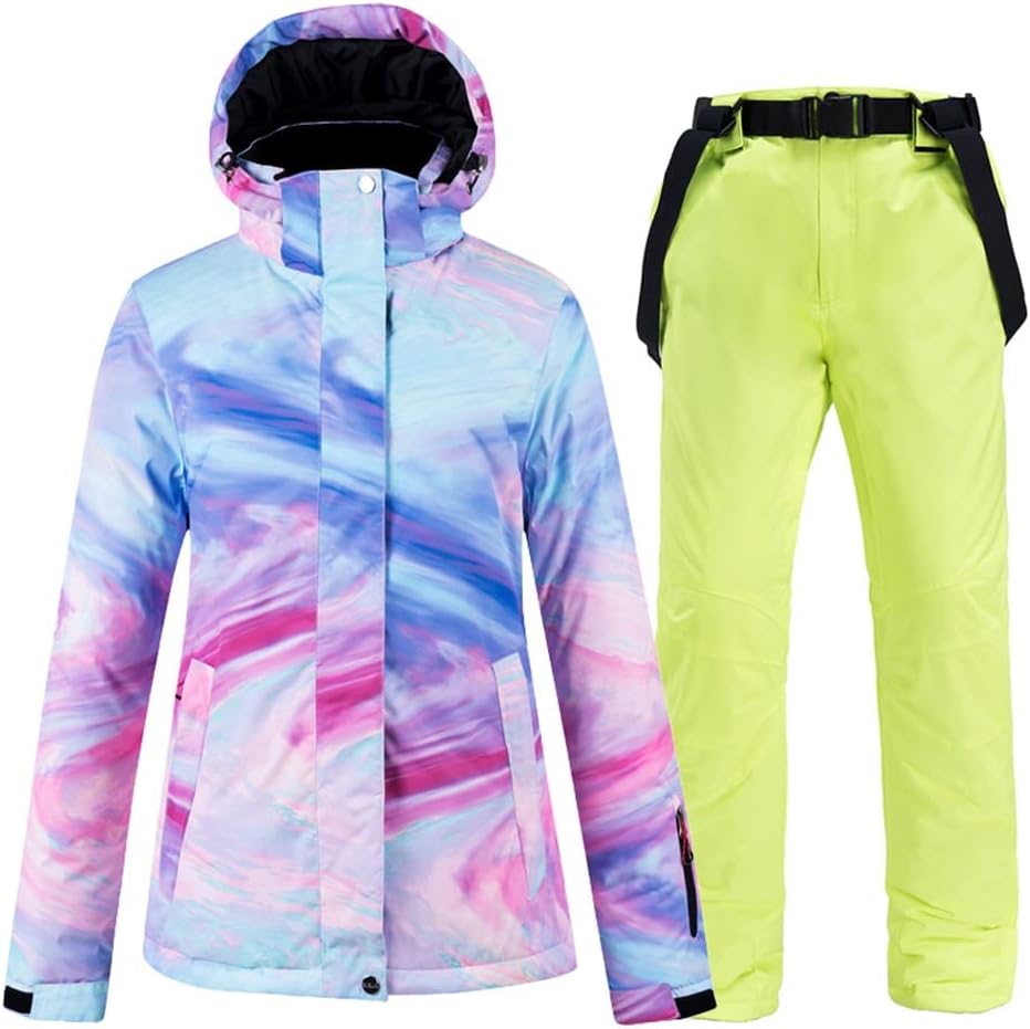 Snow Suit Wear Women's Snowboard Clothing Winter Waterproof Costumes Outdoor Ski Jacket + Strap Pants Bibs (Color : B, Size : Large) (H X)