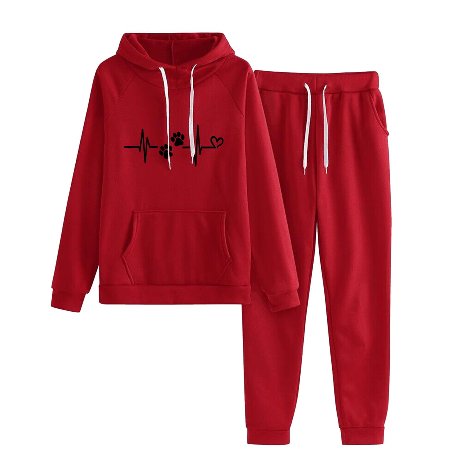 Set casual da donna, felpa foderata in pile con cappuccio con stampa del battito cardiaco e pantaloni da jogging