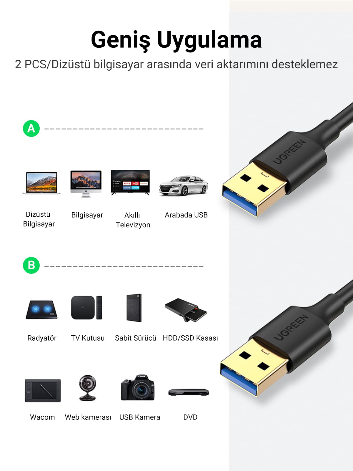 Ugreen USB 3.0 USB to USB Data Kablosu, 1 Metre