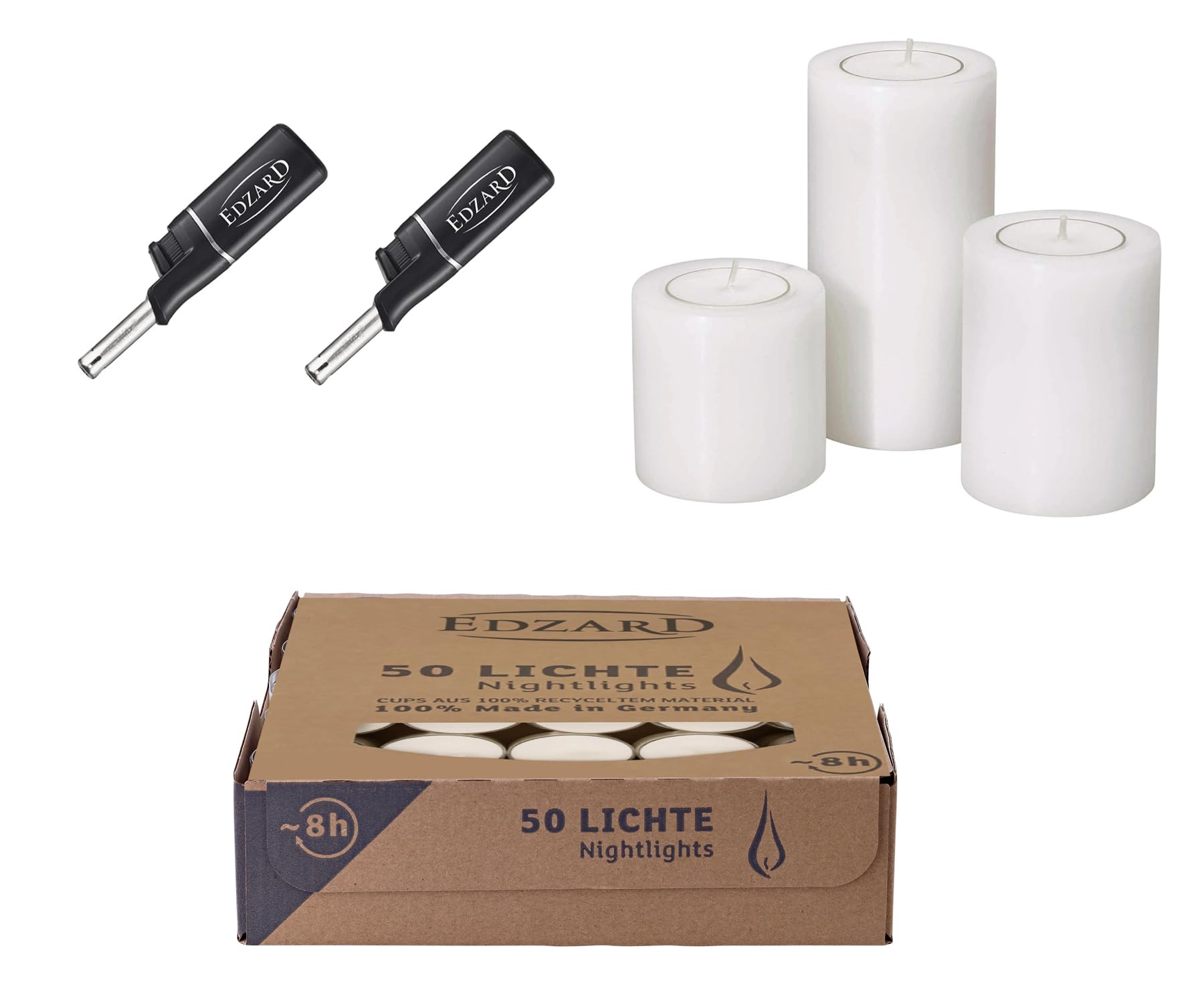 Edzard White Set Including Cornelius Tea Light Holder Permanent Candle Set Of 3, Ø 2.4 In, Height 2.4, 3.1 & 3.9 In, 50 Tealight Candles, 2 Mini Stick Lighter