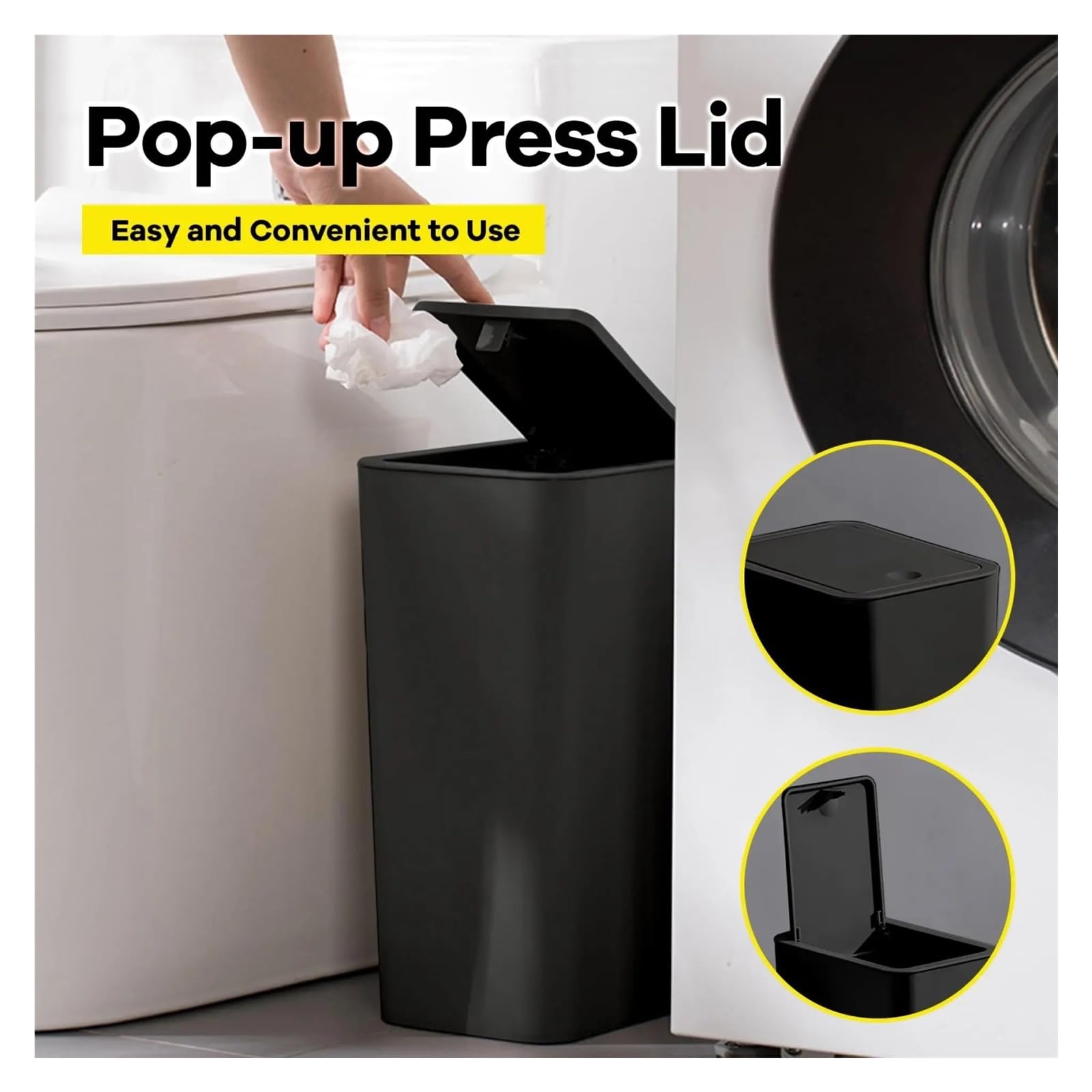 Auto Mülleimer Badezimmer-Mülleimer 10 L Kleiner Mülleimer Mit Druckdeckel Für Toilette Schlafzimmer Wohnzimmer – Kunststoff Pop-up Mini Autos Mülleimers(1 Pack Black)
