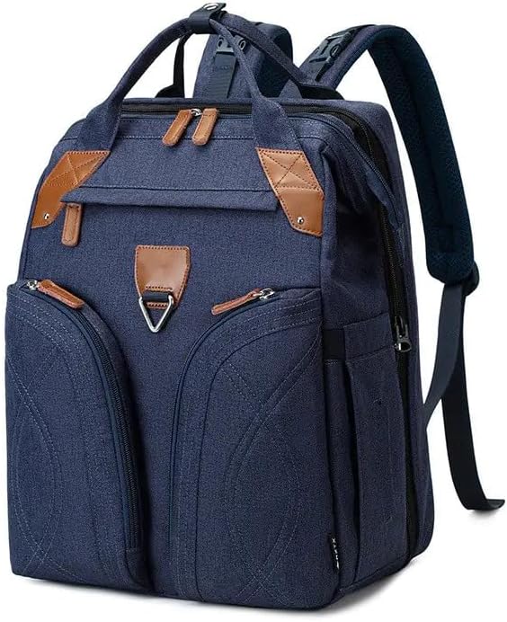 Diaper Bag Backpack, Large Capacity Baby Travel Bag, Navy Blue with Brown Leather Trim