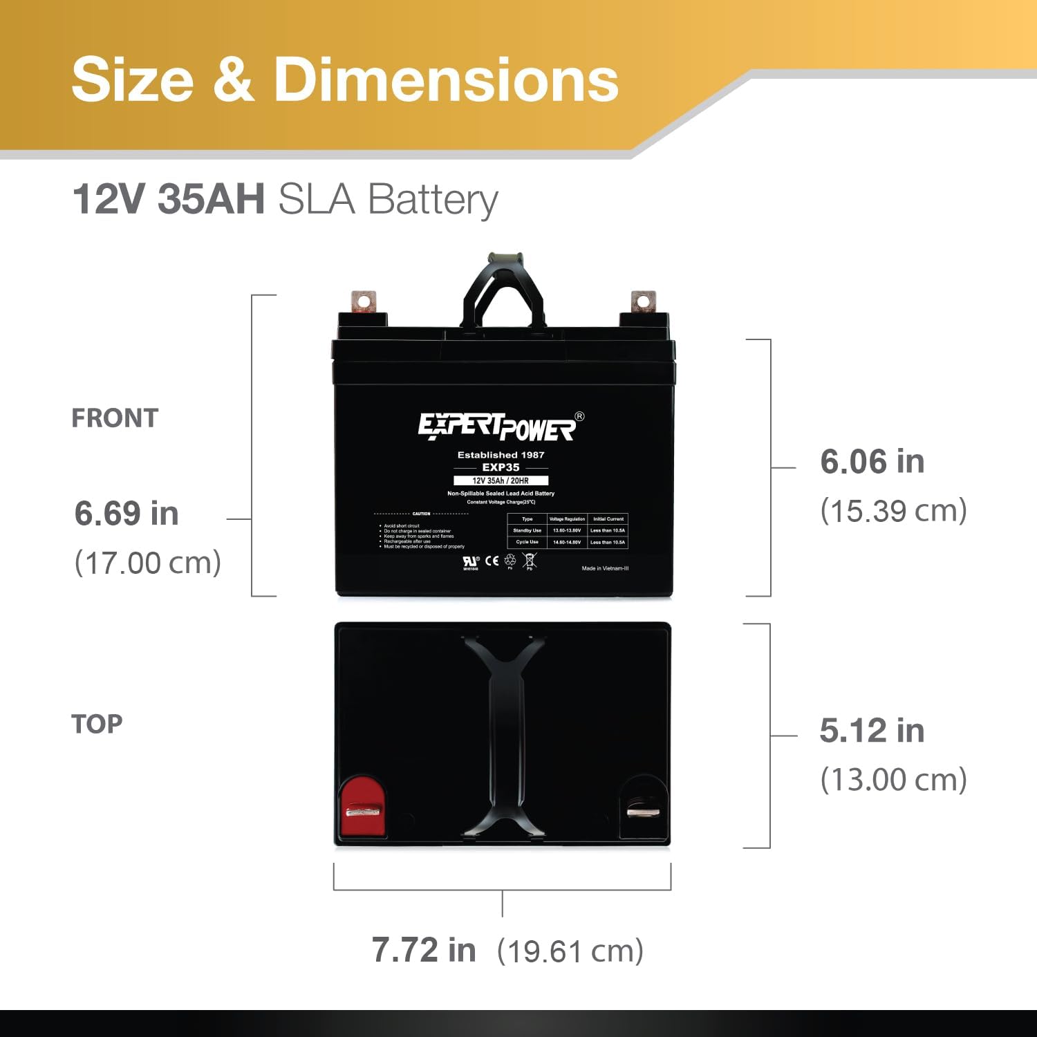 ExpertPower EXP35-12V 35Ah 12350 SLA AGM Battery for Solar Energy Storage, UPS, Trailer, Security System, Mobility Scooter, Small Marine Battery Backup, 12V Batteries Lead Acid, NB Terminals
