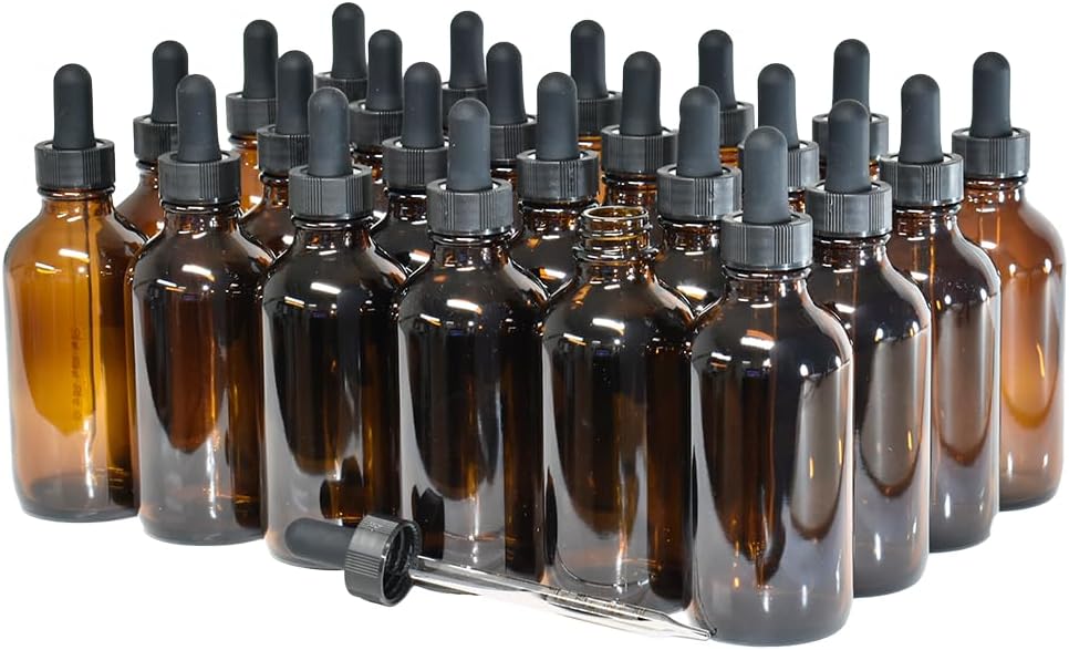 (Pack of 24) 4 oz. Amber Boston Round with Black Graduated Glass Dropper