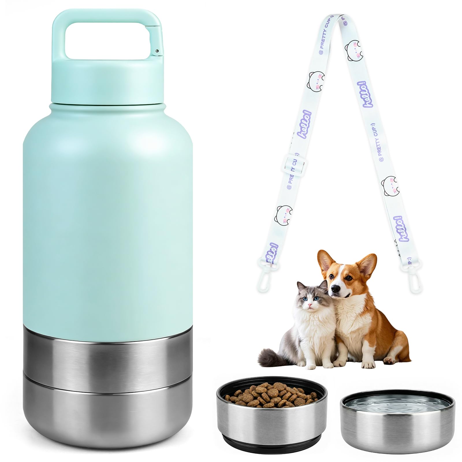 Portable Dog Water Bottle - 3 in 1 Insulated Travel Dog Water Bottle with Removable Bowl & Strap Leakproof 32Oz Stainless Steel Pet Water Bottle Gifts for Pet Lovers for Travel Camping(Light Blue)
