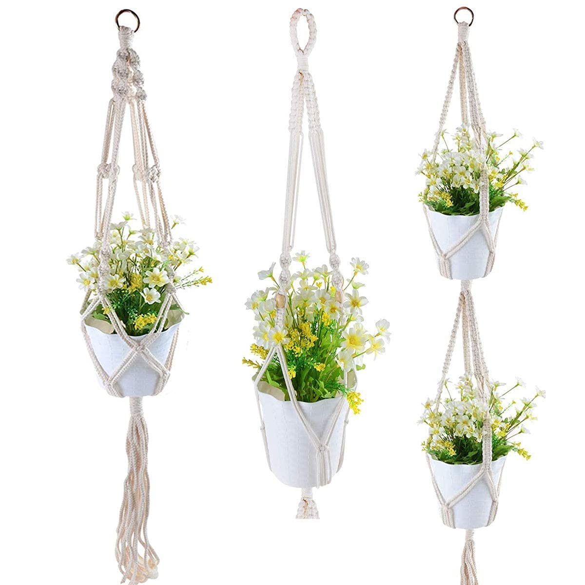 Lot de 3 suspensions en macramé pour Plantes - pour intérieur et extérieur - Blanc - Style BCD - 99,3 cm, 94,3 cm, 140,2 cm