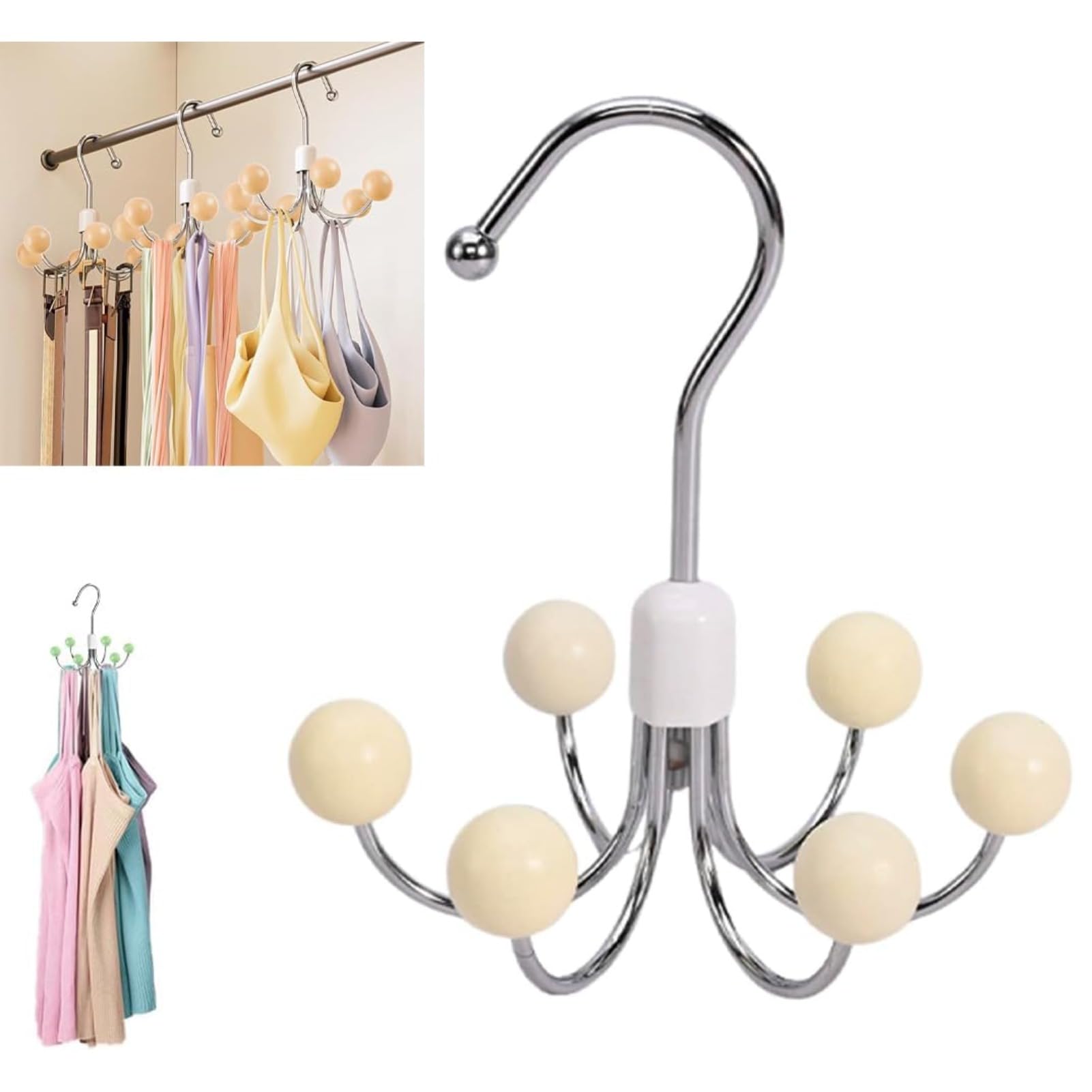Rotating Wardrobe Hook Hanger 6 Arm Closet Organizer for Scarves Belts Bags Ties Bras Tank Tops Space Saving Rail Hook (Mint White,14 * 14 * 15cm)