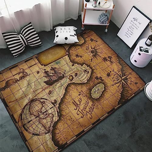 Kinderteppich, 3D-Druck, Vintage Monochrome Piraten-Schatzkarte, Kinderspielteppich, Kinderzimmer,...