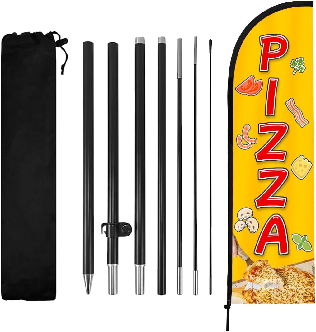 Pizza Feather Flag, 8.2ft PIZZA Sign with Aluminum Pole and Ground Stake, Commercial Sign for Outside Business Swooper Flag Advertisng Feather Banner