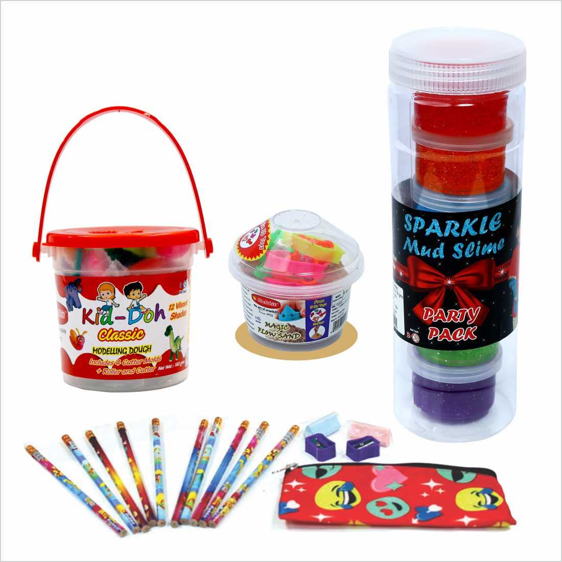 Rabbit Dough Classic Bucket 12 Color and Magic Flow Sand and Sparkle Party Pack Slime and Stationery Kit Pack of 4, Clay Dough for Kids, Slime, Sand, Multicolor, Age 3 Up