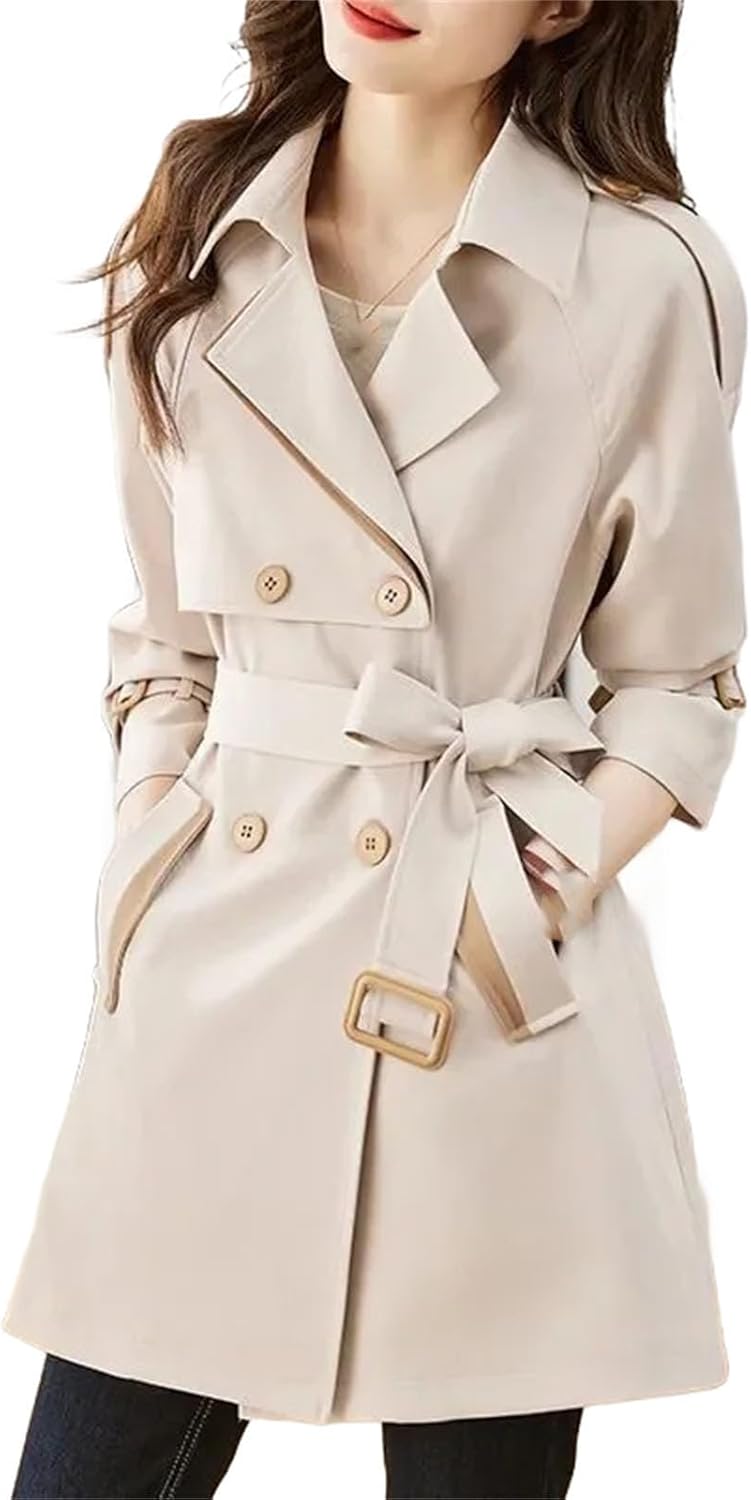 Women Spring Windbreaker Korean Double Breasted Mid Length Lined Trench Coat Elegant Ladies Office Outerwear