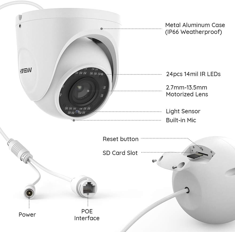 60% Off Discount H.VIEW 4K (8MP) 5× Optical Zoom, Motorized Lens, 2.7-13.5mm ,8MP Outdoor Turret Security Camera, Built-in SD Card Slot, 3840x2160, Audio, H.265, 100ft Night Vision, Waterproof IP Bullet PoE Camera