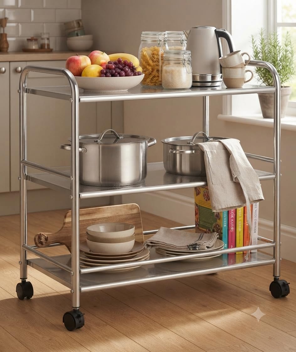 Carro Multifuncional de Acero Inoxidable 201 - Carro Comercial de 3 Niveles con Ruedas Bloqueables | Estantería Industrial para Cocina