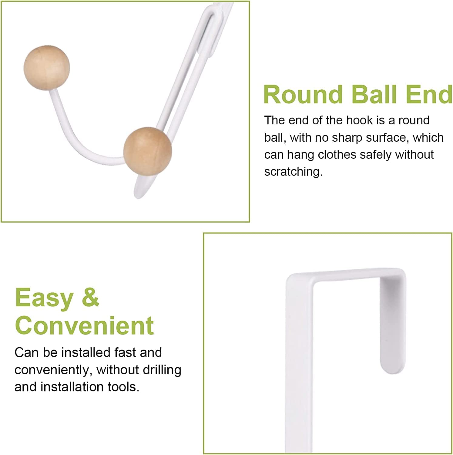 DOCAT Over The Door Hanger Hooks for Clothes Hanging Heavy Duty Hooks for Kitchen Bedroom Bathroom Accessories Items Hanging Organizer Rack with No Hole Drilling Required (White 2 Hook Wooden) 2