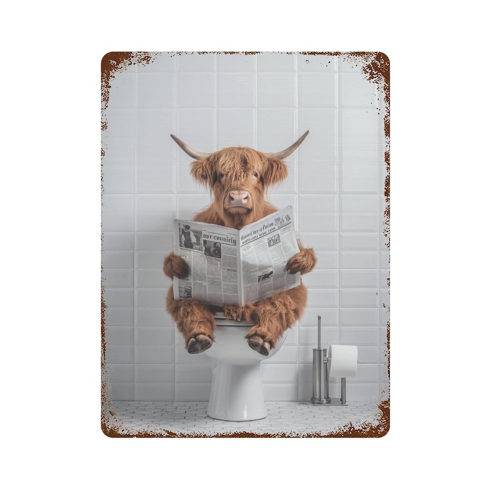 Cow Reading Newspaper on Toilet Decorative Tin Sign 15.7"x11.8", Vintage Wall Decor for Basement, Hobby Room And Garage Decor