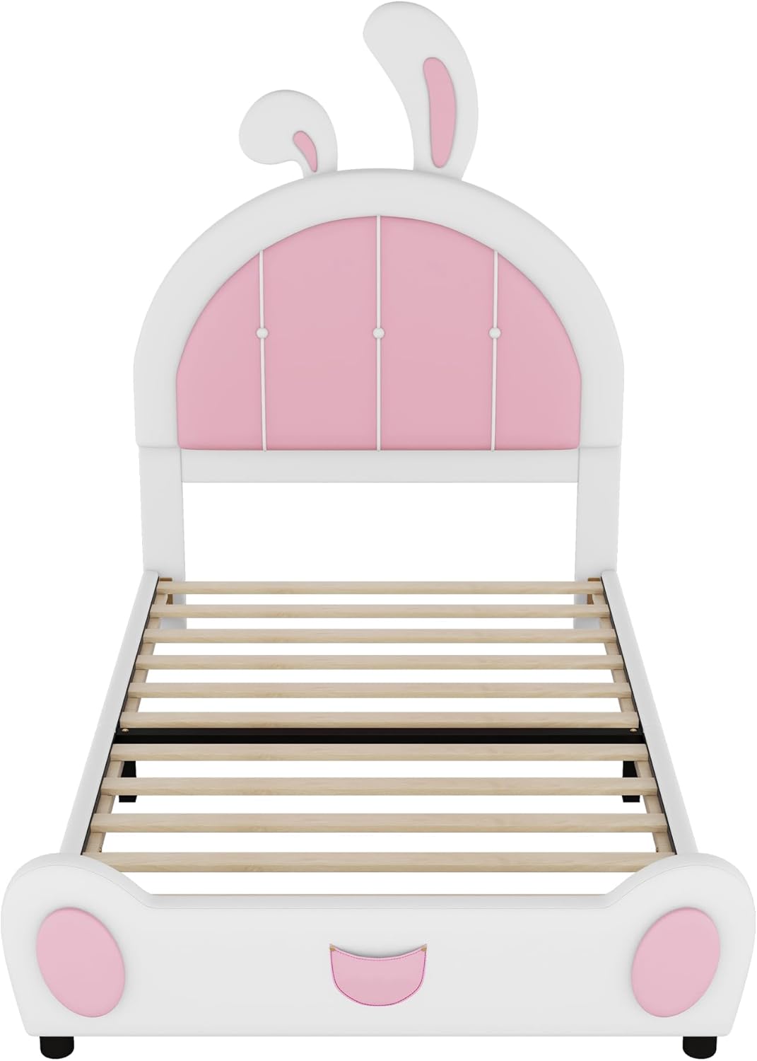 Twin Size Platform Bed with Rabbit Ornament, Luxury Leather Upholstered Full Bed Frame for Kids Teens Boys & Girls, No Box Spring Needed (White)