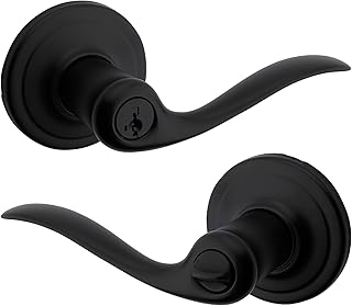 Kwikset Tustin Entry Door Handle with Lock and Key, Secure Keyed Reversible Lever Exterior, For Front Entrance and Bedrooms, Matte Black, Pick Resistant Smartkey Rekey Security and Microban
