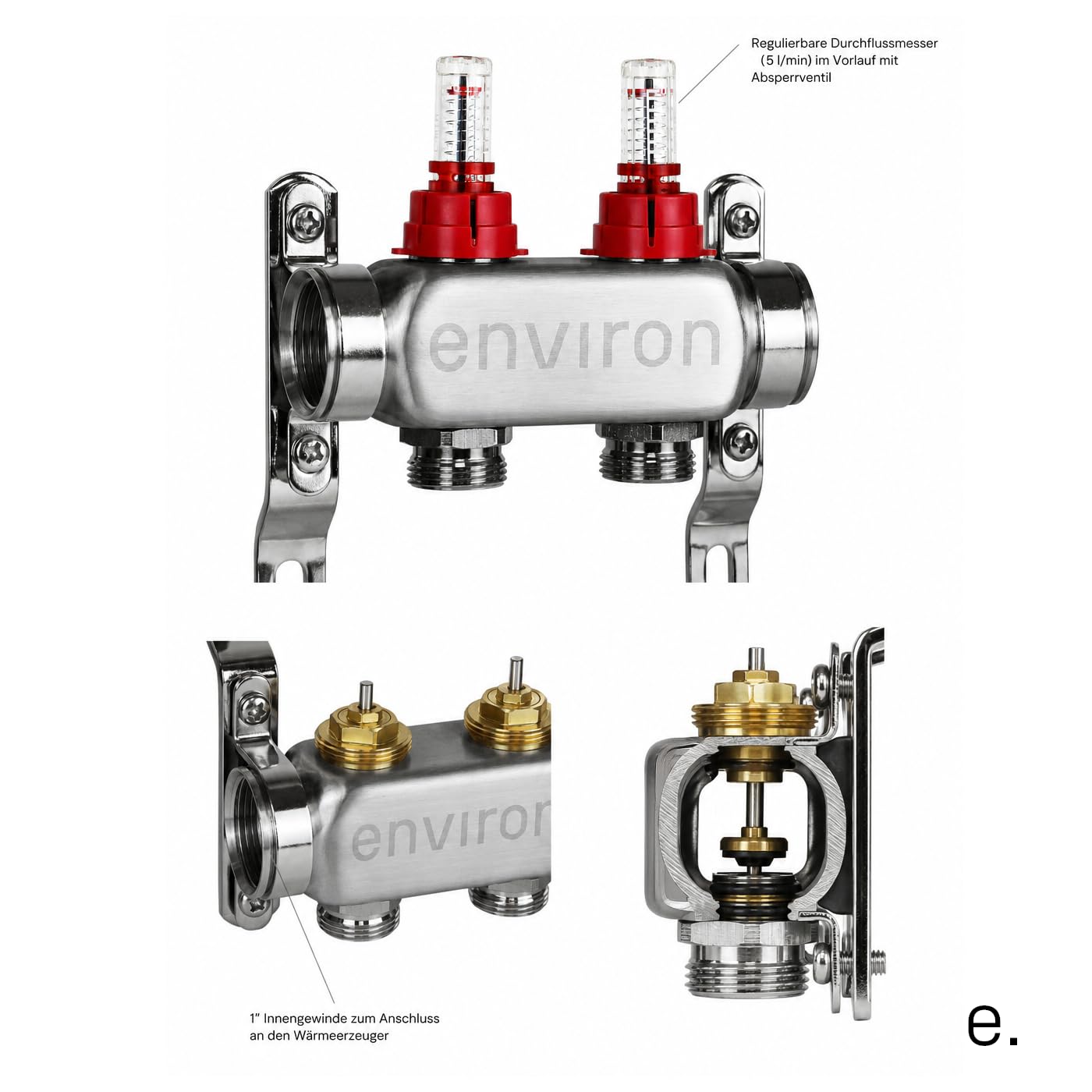 ENVIRON- Heizkreisverteiler [2-12 Heizkreise] mit Festwertregelset, Kugelhahn Set und Schnellentlüfter Set | Hocheffizienzpumpe (Environ Ecocirc 25/6, 8 Heizkreise)