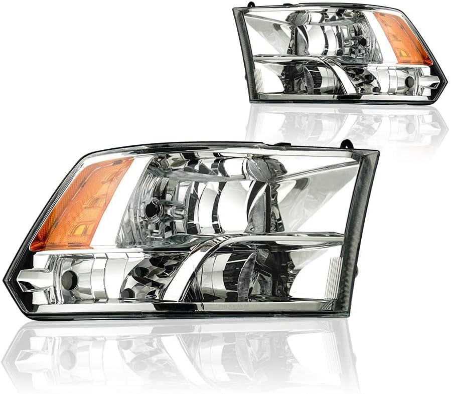 Headlight Assembly, Compatible with 2009-2018 Dodge Ram 1500/2010-2018 Ram 2500 3500 4500 5500(Only fit factory quad style halogen headlights) Chrome Housing Amber Reflector Chrome Housing Amber Reflector?Basic? 2009-2018 Dodge Ram