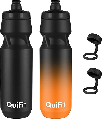 QuiFit Botella de agua para bicicleta, paquete de 2, botellas exprimibles de 24 onzas, sin BPA, a prueba de fugas, jarra deportiva reutilizable con