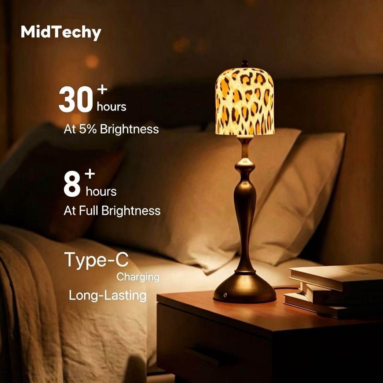 Cheetah Print Lamp leopard lamp Long-Lasting Battery USB Rechargeable Touch Dimmable LED Table Lamp, Cordless Light with Ceramic Lampshade & Brass Base, Retro Decor for Bedroom Living Room Dining