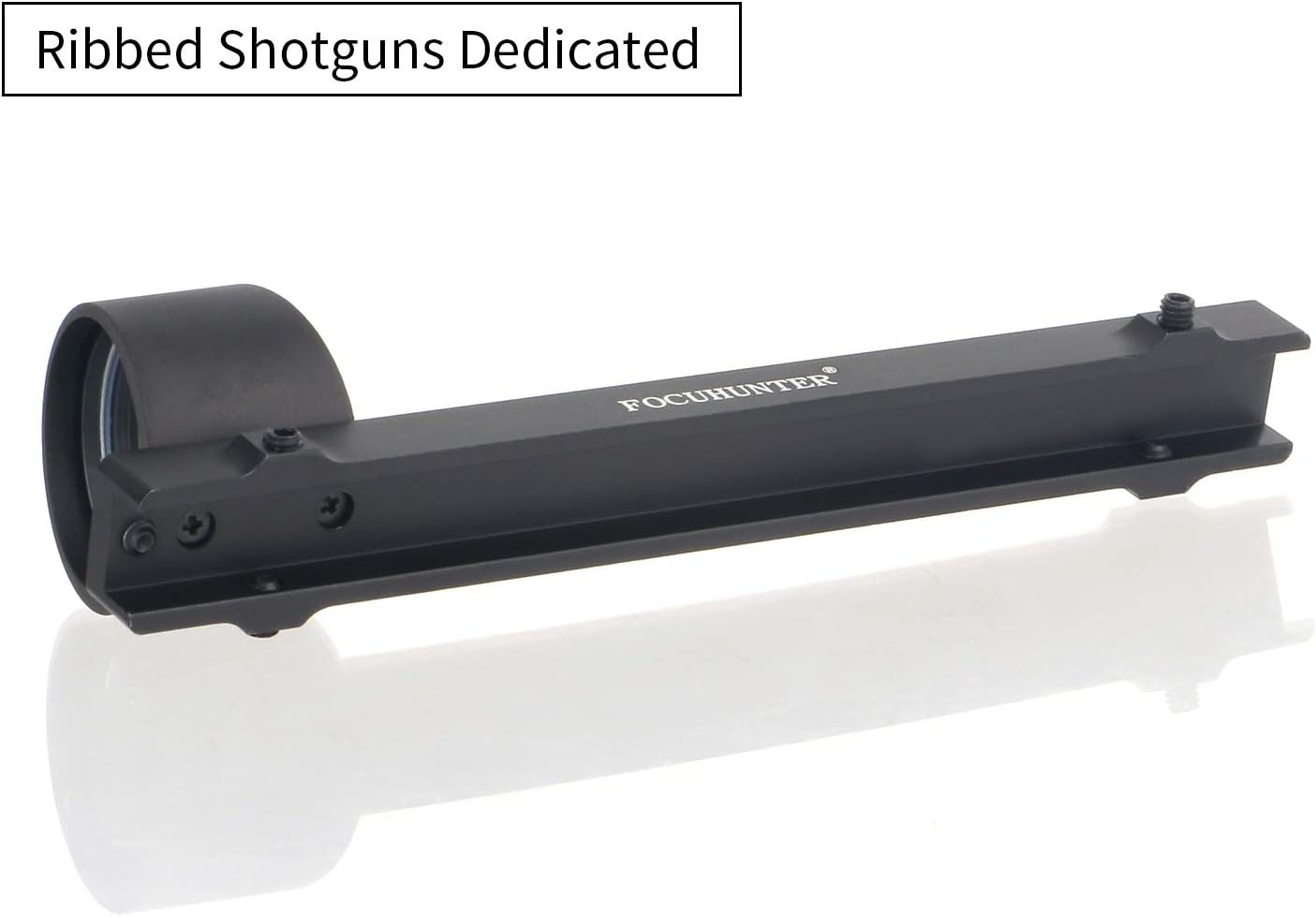 The FOCUHUNTER red dot sight mounted on a shotgun rib rail, showing its dedicated design.