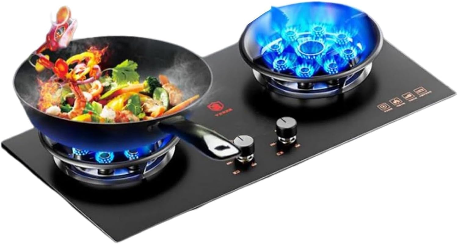 2 Burners Recessed Gas Stove, 5.0KW Camping Cooker Kit, 73cm Tempered Glass Cast Iron Pot Holder, with Flameout Protection(LPG)(NG)