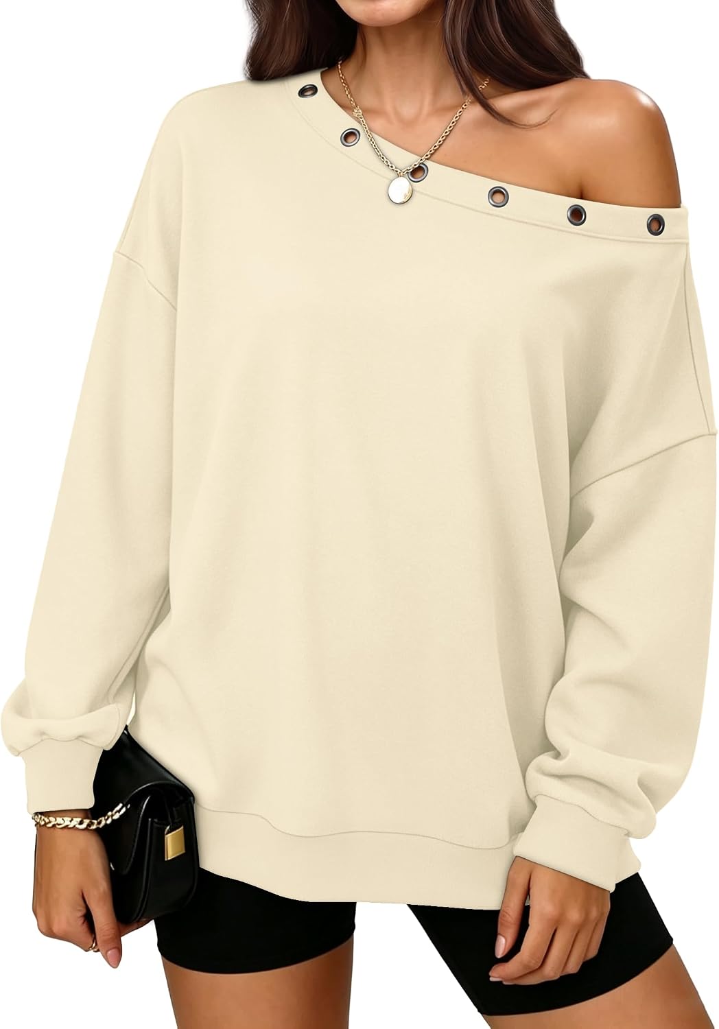 OFEEFAN Sweatshirt for Women Off The Shoulder Tops Long Sleeve Shirts Lightweight Fall Fashion Winter Clothing Y2k Beige L