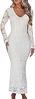 Ekaliy Women's Floral Lace Bodycon Maxi Dress - Elegant V-Neck Flare Sleeve Mermaid Hem for Wedding Guest Cocktail Parties