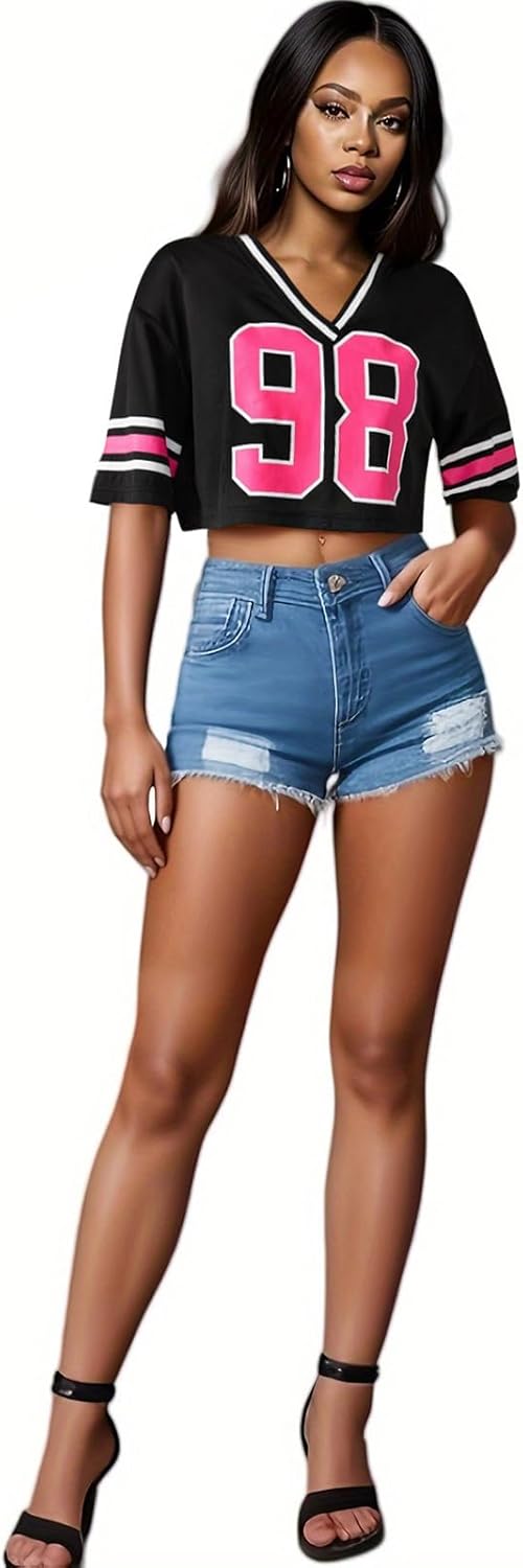 Women's Jersey Shirt Oversized Hip Hop Number Graphic Tee V-Neck Short Sleeve Loose Casual Crop Top Y2k Streetwear - Image 5