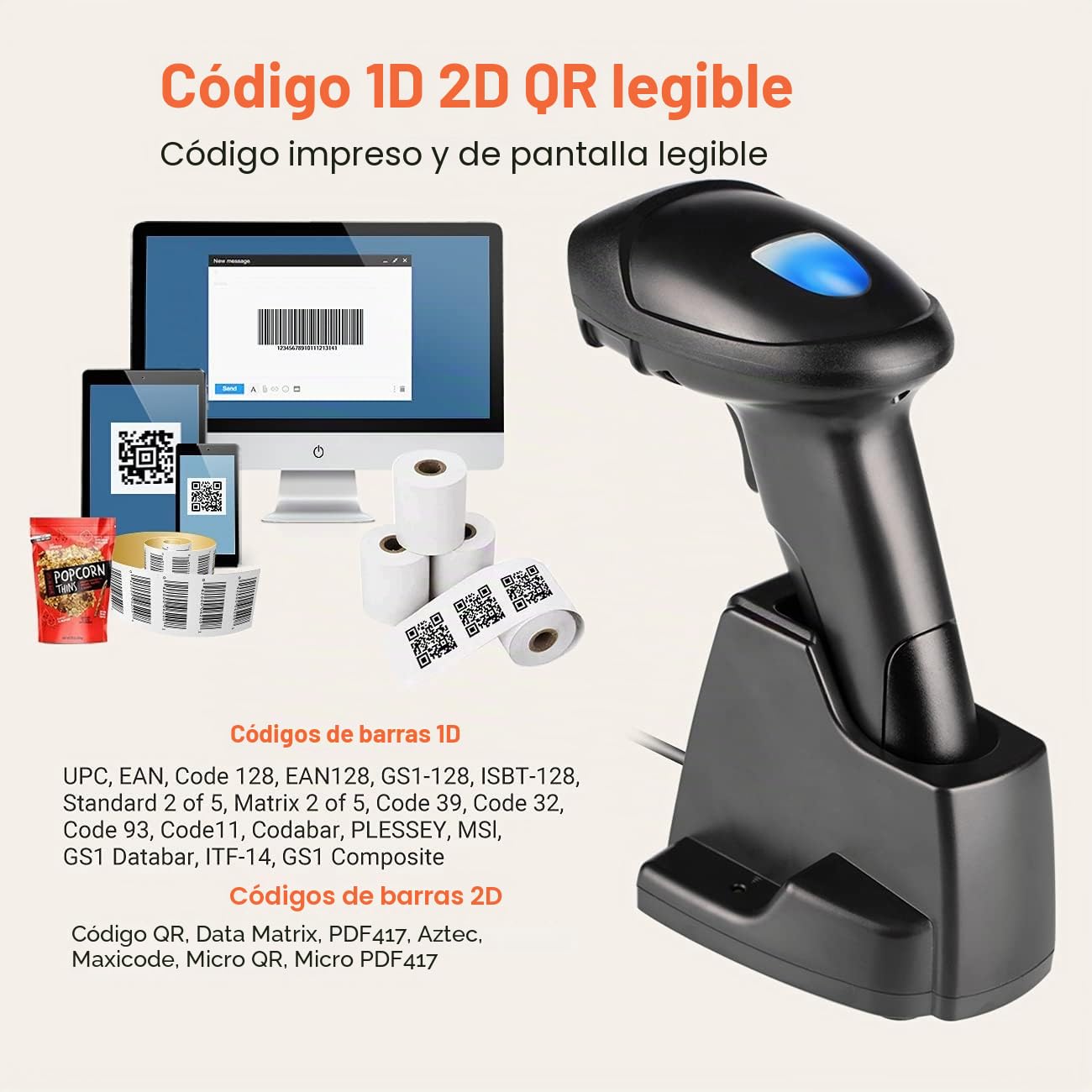 Tera Escáner de código de Barras 2D QR inalámbrico con Base de Carga USB Lector de códigos de Barras de Mano Escaneado rápido y preciso 2D QR 1D códigos de Barras 3en1, D6100-NEW