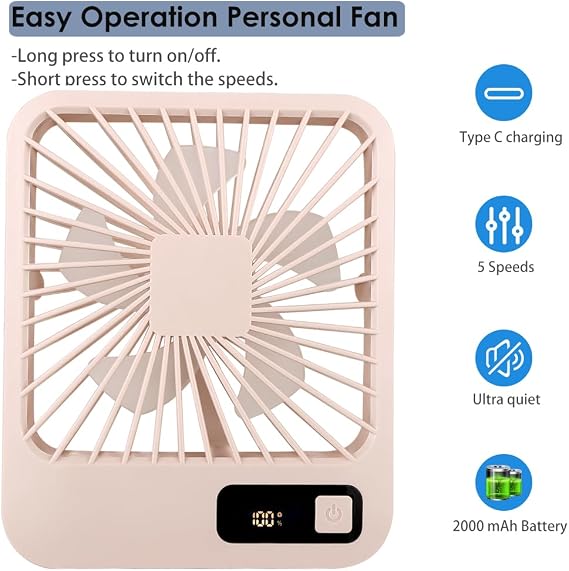 Küçük Masa Fanı, Taşınabilir USB Şarj Edilebilir, 2000mAh Pil ve LCD Ekranlı Eğilebilir Katlanabilir Kişisel Mini Fan, Güçlü Rüzgar, Ultra Sessiz, Ofis, Ev, Kamp için 5 Hız Modu