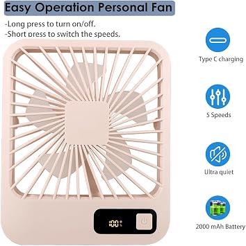 Küçük Masa Fanı, Taşınabilir USB Şarj Edilebilir, 2000mAh Pil ve LCD Ekranlı Eğilebilir Katlanabilir Kişisel Mini Fan, Güçlü Rüzgar, Ultra Sessiz, Ofis, Ev, Kamp için 5 Hız Modu