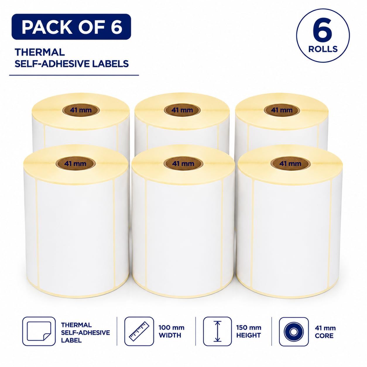 Confezione da 6 rotoli di etichette in carta termica, 100 x 150 mm, 500 etichette per bobina, mandrino 41 mm, autoadesive, compatibili con stampanti termiche