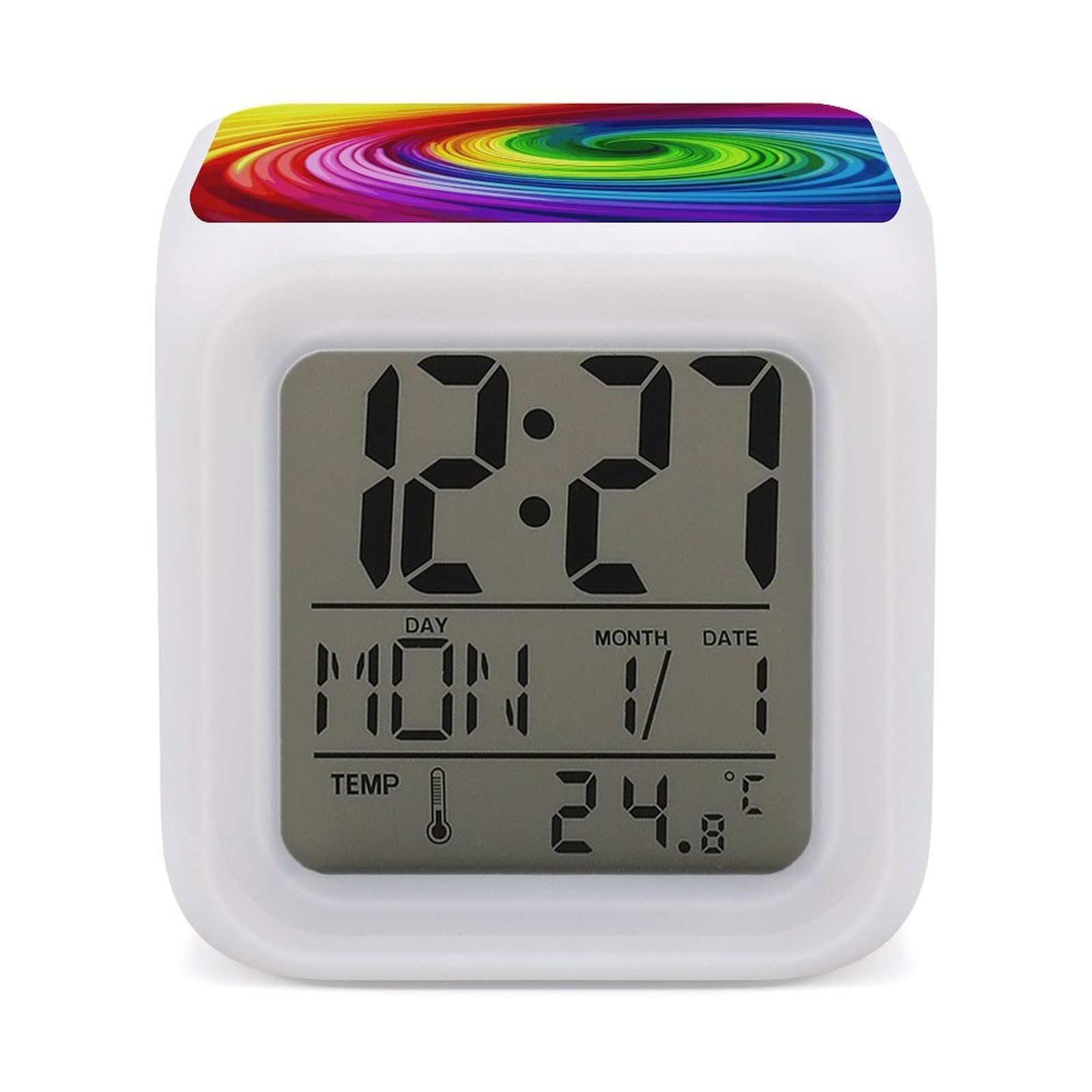 FekiLoot Rainbow Spiral Alarm Clock for Heavy Sleepers Small Digital Alarm Clock with Date Temperature Wake Up Digital Clocks with 7 Colors Changing Desk Clocks for Bedroom Bedside Nightstand