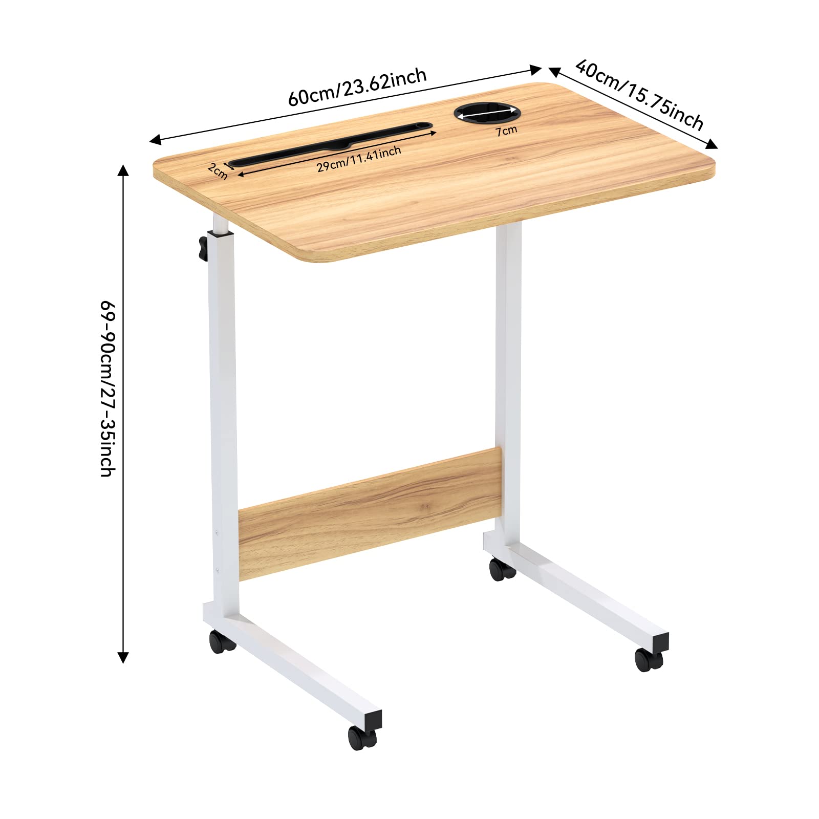 PIPIPOXER Scrivania per Computer, 60x40cm Tavolino Rotante Con Freno, Slot per PC per Tablet Cellulare, Slot per Tazza, Scrivania Mobile Regolabile in Altezza 69-90cm per PC per Tablet Cellulare,Legno