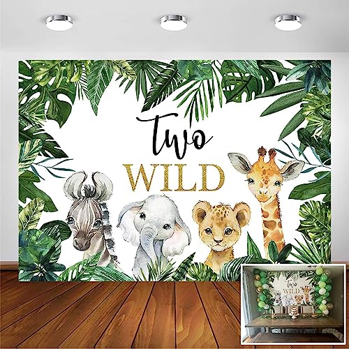 Image of Avezano Two Wild Backdrop for Boy Birthday Party Jungle Safari Animals Zoo Green Leaves Photography Background Two Wild Boy 2nd Second Birthday Party Photoshoot Decoration Banner (7x5ft)