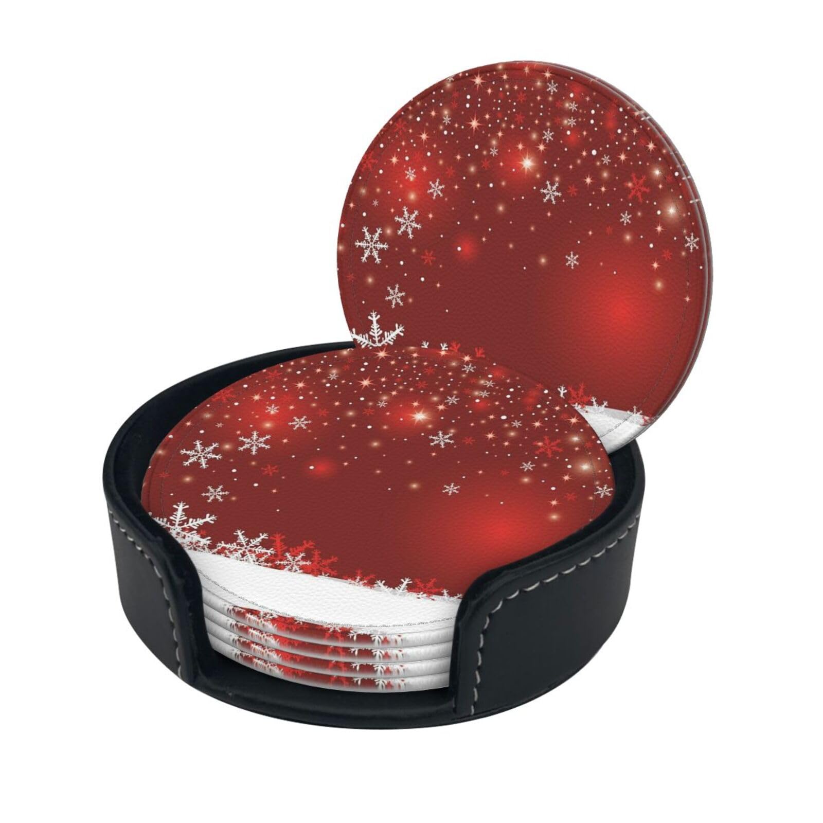 Lklddpzb White Christmas Print Round Leather Coasters - Set Of 6, Ultra-Fiber Pu Leather