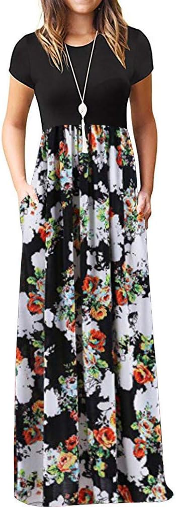 Women’s Casual Sleeve O-neck Print Maxi Tank Long Dress