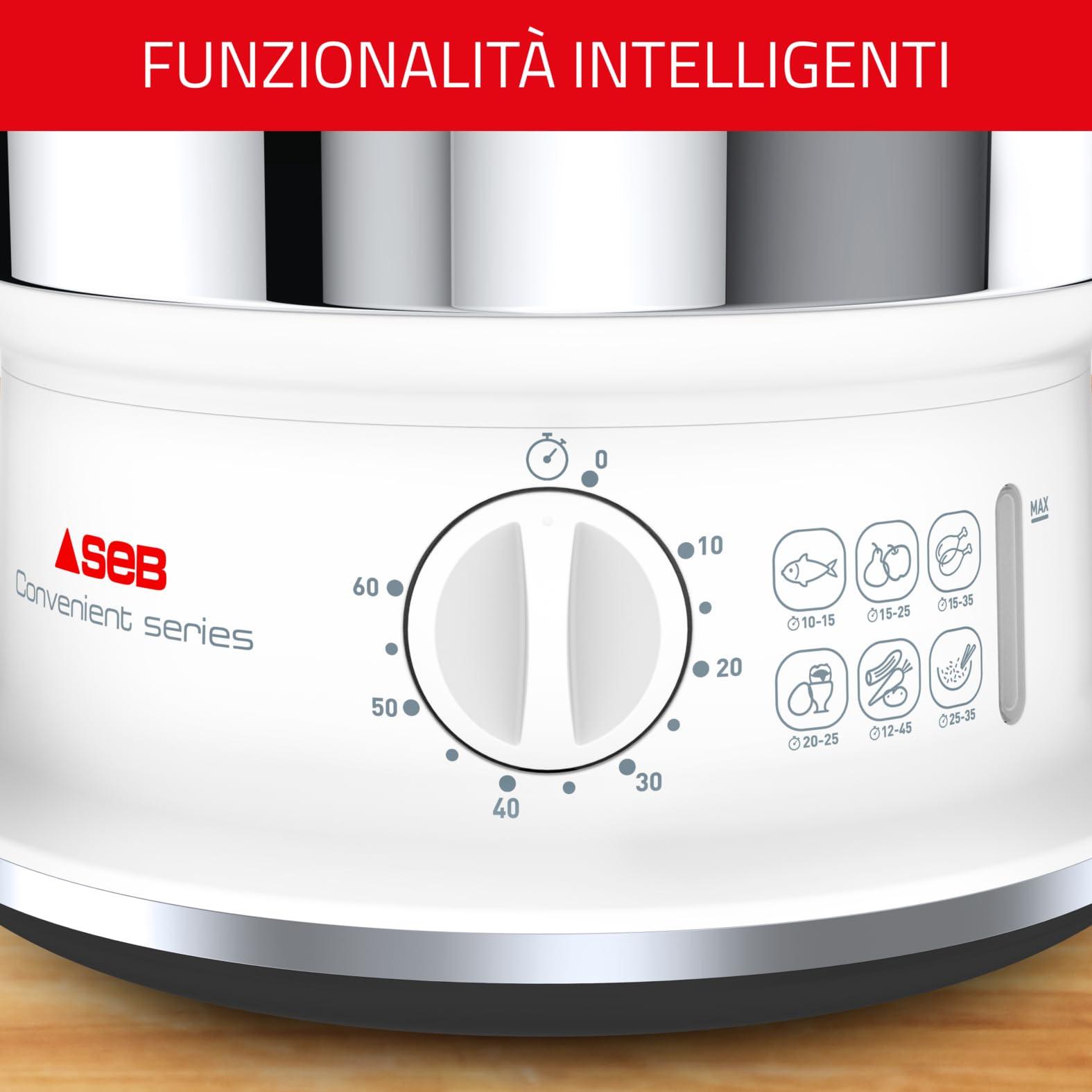 Tefal Vc1451 Vaporiera Convenient Series Inox, Timer Con Spegnimento Automatico, Livello Di Acqua Visibile, Capacità 6 L, Bianco