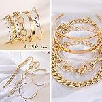 IFKM 6 PACK (24 PCS) Boho Gold Chain Bracelets Set for Women, 14K Gold Plated Multiple Layered Stackable Open Cuff Wrap Bangle Adjustable Link Italian Cuban Jewelry for Women Gift - Image 5