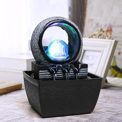 Tabletop Water Fountain Indoor Desk Decor Fountain Feng Shui Zen Meditation Fountain Resin Garden Water Feature with Led Light Rotating Ball for Home Office Spaces Decor US Plug (B)