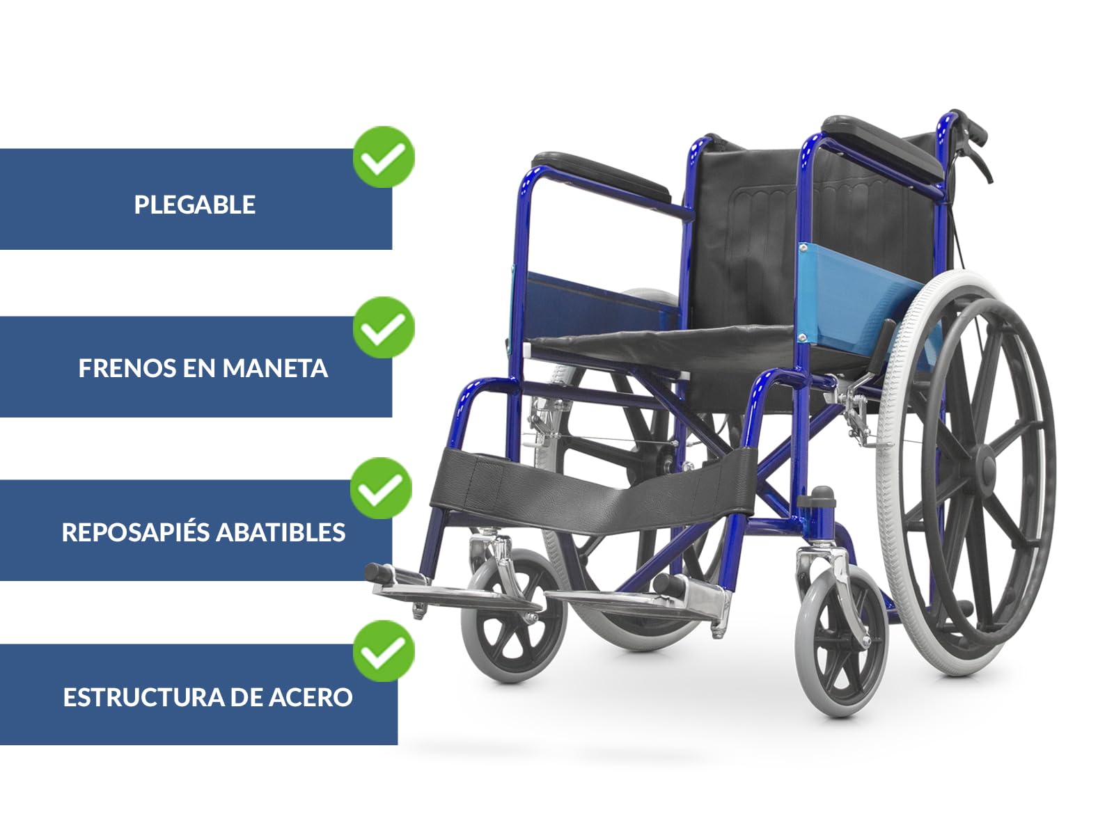QUIRUMED Silla de ruedas plegable de acero, con frenos de mano y frenos en manetas, Reposapiés abatibles, Fácil plegado, Ligera, Para mayores, Para minusválidos