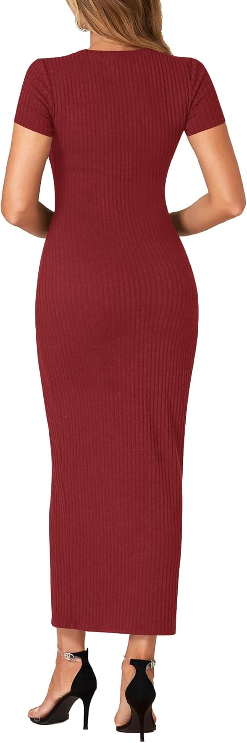 Umenlele Women’s Casual Short Sleeve Ribbed Knit Bodycon Fitted Pencil Long Maxi Dress - Image 2