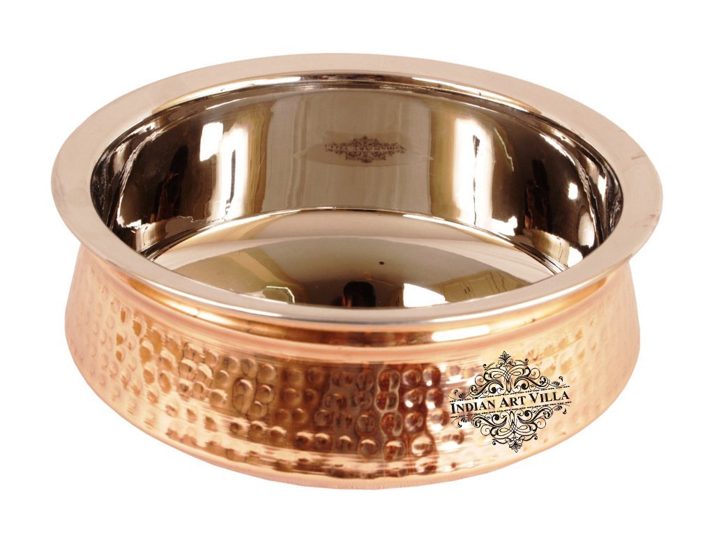 Indian Art VillaSteel & Copper Serving Handi Bowl, 1350ml (Copper & Silver)