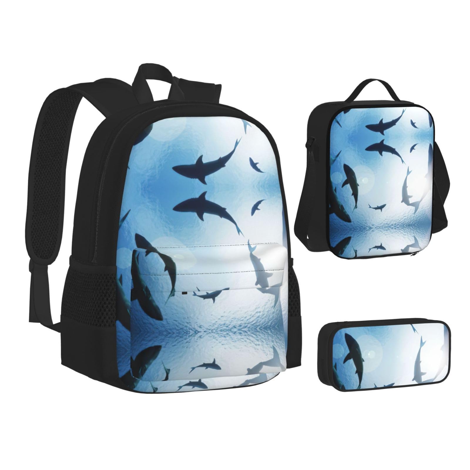 Juego de 3 mochilas escolares con estampado de tiburón y animales oceánicos, mochila para laptop resistente al agua de gran capacidad con bolsa de almuerzo aislada y estuche para lápices para