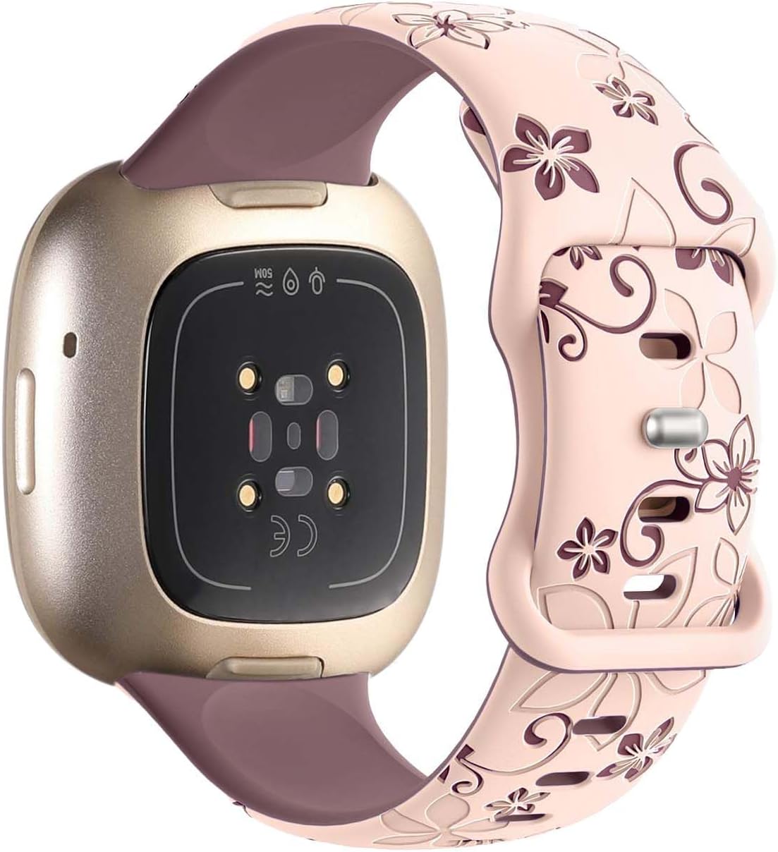 Two-Tone Floral Engraved Band Compatible with Fitbit Versa Lite/Versa/Versa 2/ Versa 3/ Versa 4/ Sense/Sense 2 Bands, Cute Flower Soft Silicone Sport Strap Bracelet Wrist Band For Women Men image 2