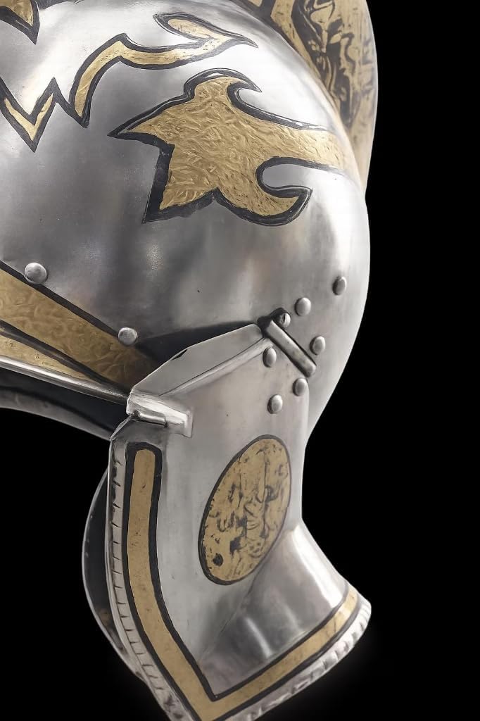 Medieval Knight Burgonet Helmet, Steel, Silver & Gold Finish Engraved Floral Motif, Cosplay, Collectible & Historical Replica