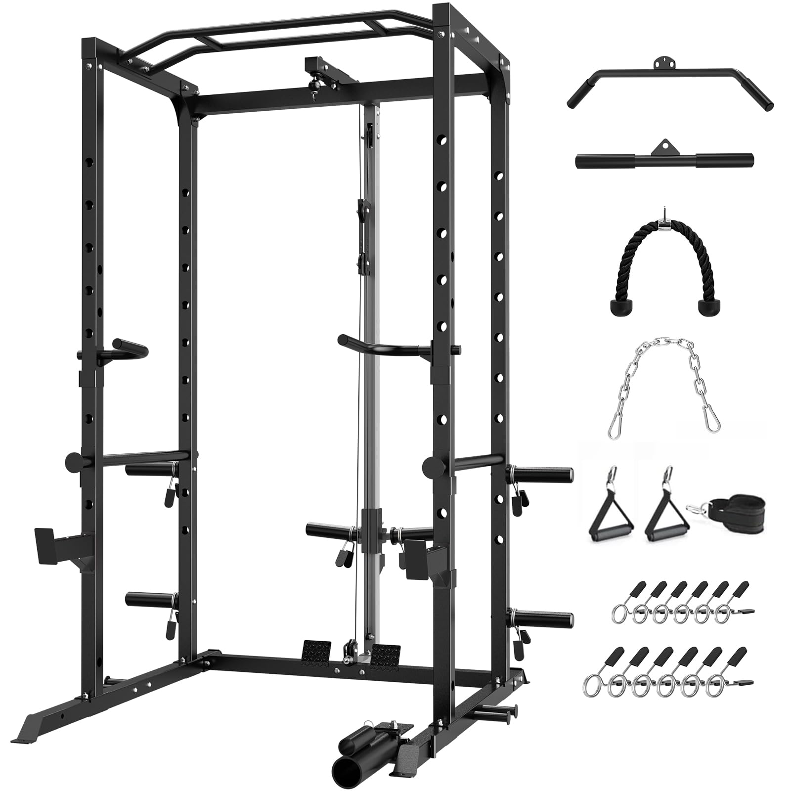 Power Cage, Multi-Functional Power Rack with J-Hooks, Dip Handles, Landmine Attachment and Optional Cable Pulley System for Home Gym