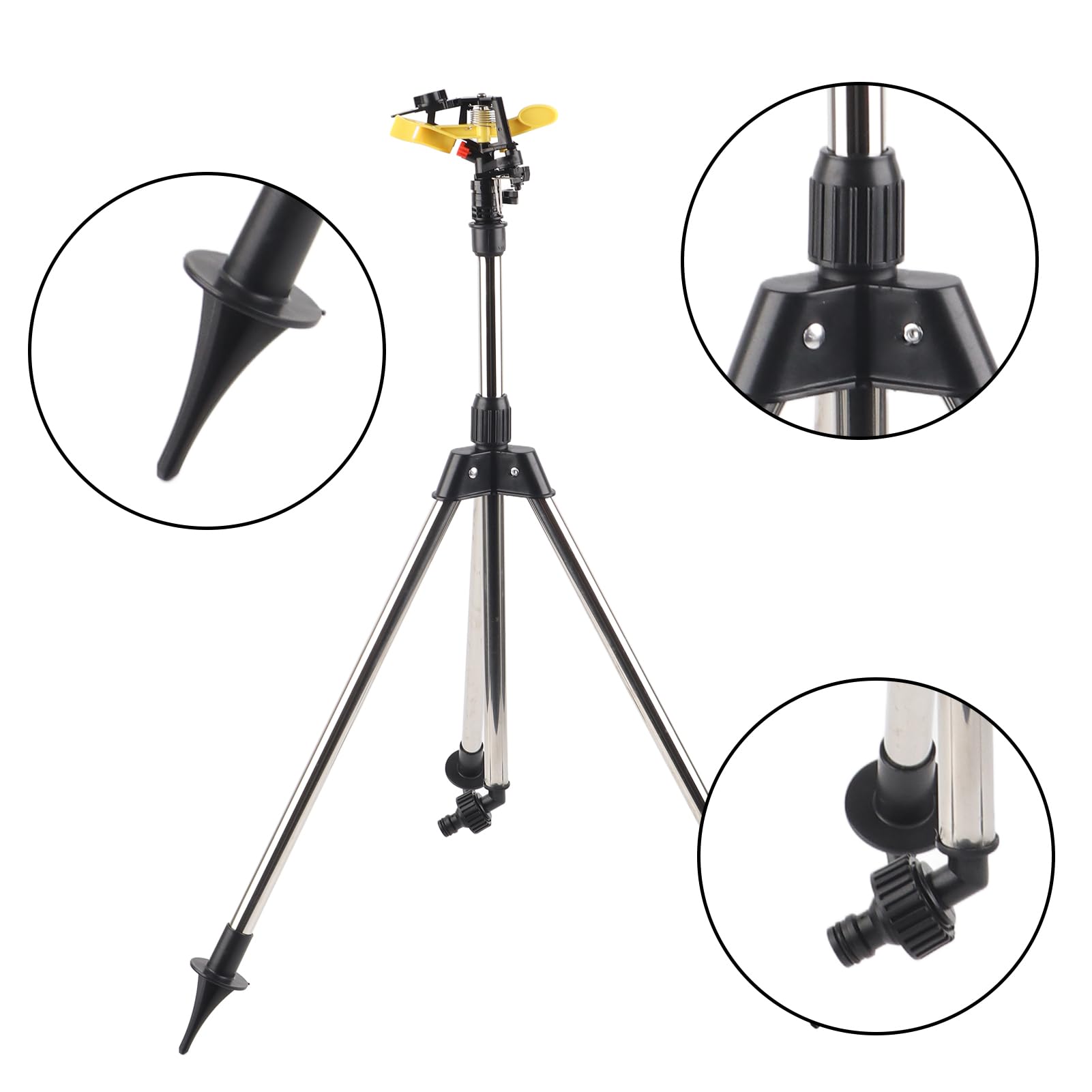 Aspersor Atomizador Giratorio para Césped Trípode de Acero Inoxidable Aspersor Atomizador Giratorio para Césped, de Agua de Jardín Ajustable, Rociador de 30 a 360 Grados, Altura de 45 a 89 Cm